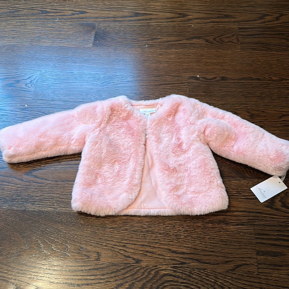 Toddler girl pink faux fur miniclasix jacket. New with tags. 6-9 month